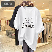 Женская летняя футболка Smileсо спущенной линией плеча размеры Oversize 44-56