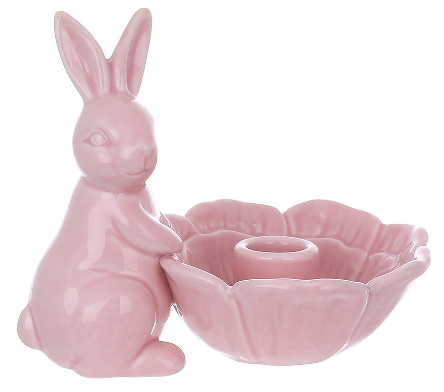 Свічник керамічний BonaDi Кролик з квіткою 13 см рожевий 733-598