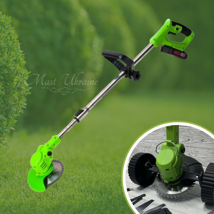 Тример акумуляторний 48V зі знімними колесами, косарка-тример з 2 акумуляторами для газону, трави та кущів, AK-48V, фото 1