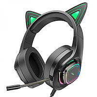 Игровые проводные наушники с микрофоном Hoco W107 Cute Cat Ear RGB USB 3.5 мм Green BM, код: 8034698