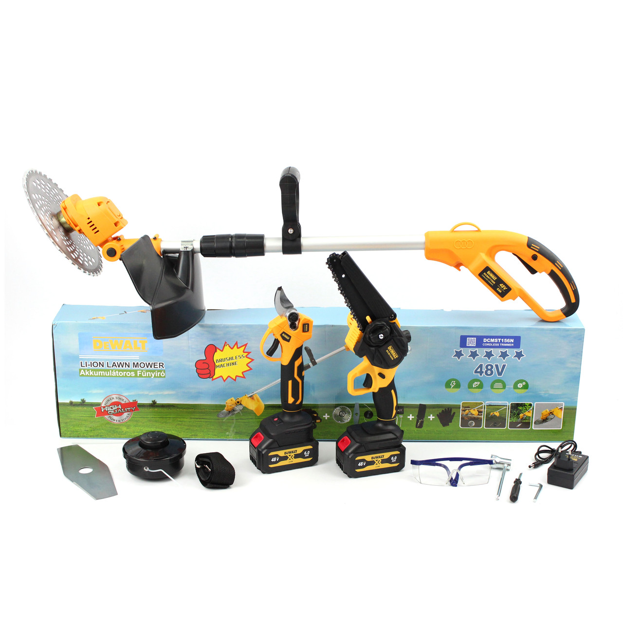 Акумуляторний набір 3в1 DeWalt 48V (тример DCMST156N + міні пила DCM160N + секатор DCMPP540P1)