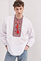 Мужская вышиванка "Марк", мужская вышитая белая рубашка с красным орнаментом