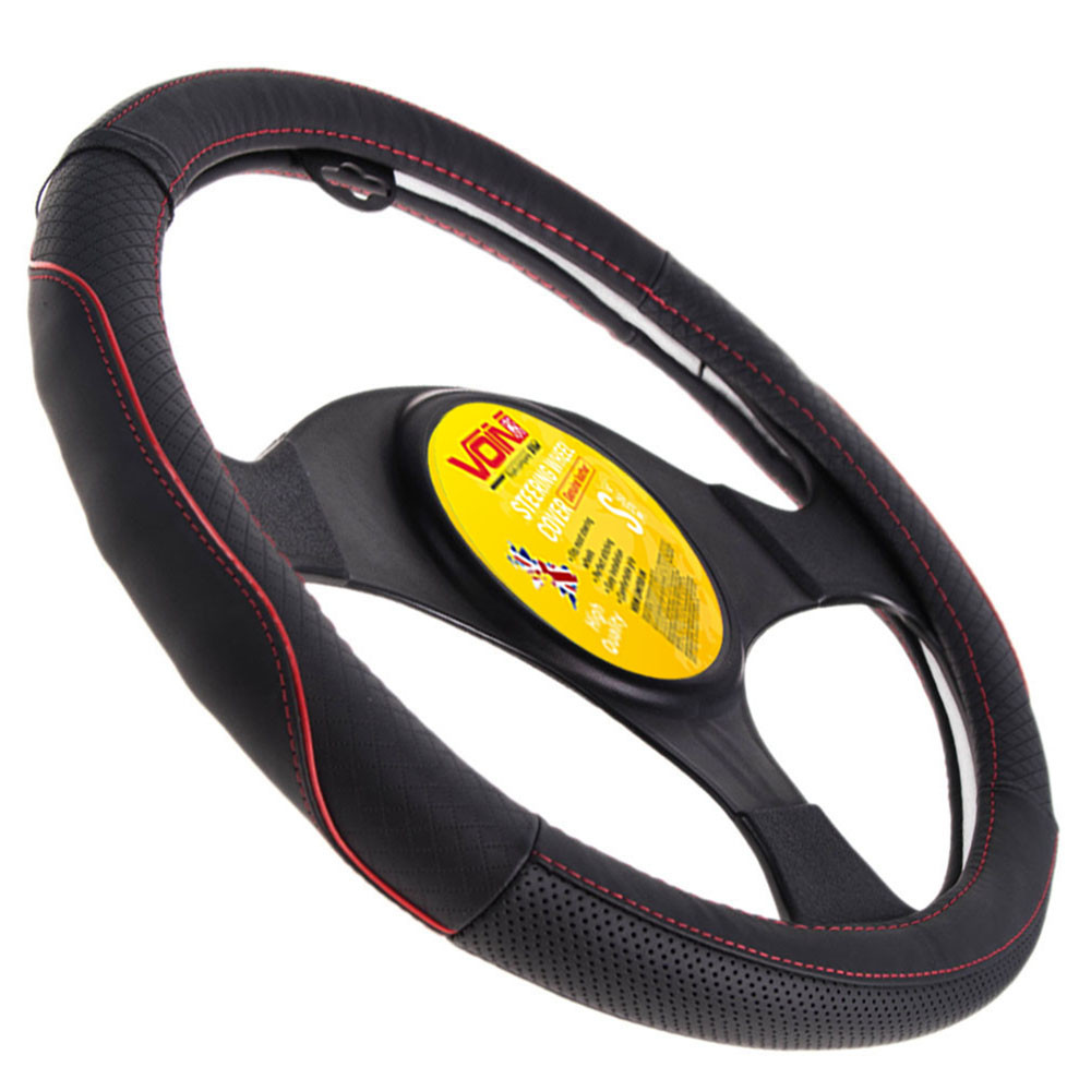 Чохол на руль кожа VLOD-L282 BK/RD S чорна/червона строчка/БО/перф, фото 1