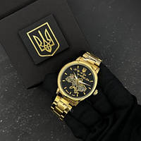 Патриотические механические мужские наручные часы Patriot 022 Black-Gold, черные часы скелетоны с тризубом Золотой
