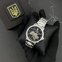 Патриотические механические мужские наручные часы Patriot 022 Black-Gold, черные часы скелетоны с тризубом Серебристый
