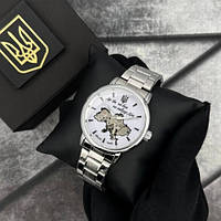 Патриотические механические мужские наручные часы Patriot 022 Black-Gold, черные часы скелетоны с тризубом Серебристо-белый