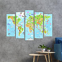 Модульная картина на холсте из пяти частей KIL Art Карта мира с изображением животных 137x85 см (M51_L_190)