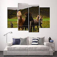 Модульная картина из четырех частей в гостиную спальню для интерьера Лошади на ферме KIL Art 129x90 см