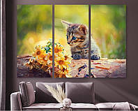 Модульная картина на холсте из трех частей KIL Art Котёнок и цветы 78x48 см (M3_M_249) z17-2024