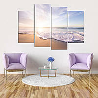 Модульная картина из четырех частей в гостиную спальню для интерьера Восход солнца на пляже KIL Art 89x56 см