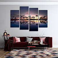 Модульная картина из четырех частей в гостиную спальню для интерьера Пальмы на закате KIL Art 89x56 см