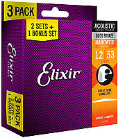 Струны для акустической гитары Elixir 3 Pack 16539 Nanoweb 80/20 Bronze Light Acoustic Guitar Strings 12/53