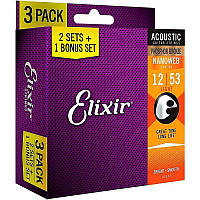 Струны для акустической гитары Elixir 3 Pack 16545 Nanoweb Phosphor Bronze Light Acoustic Guitar Strings 12/53