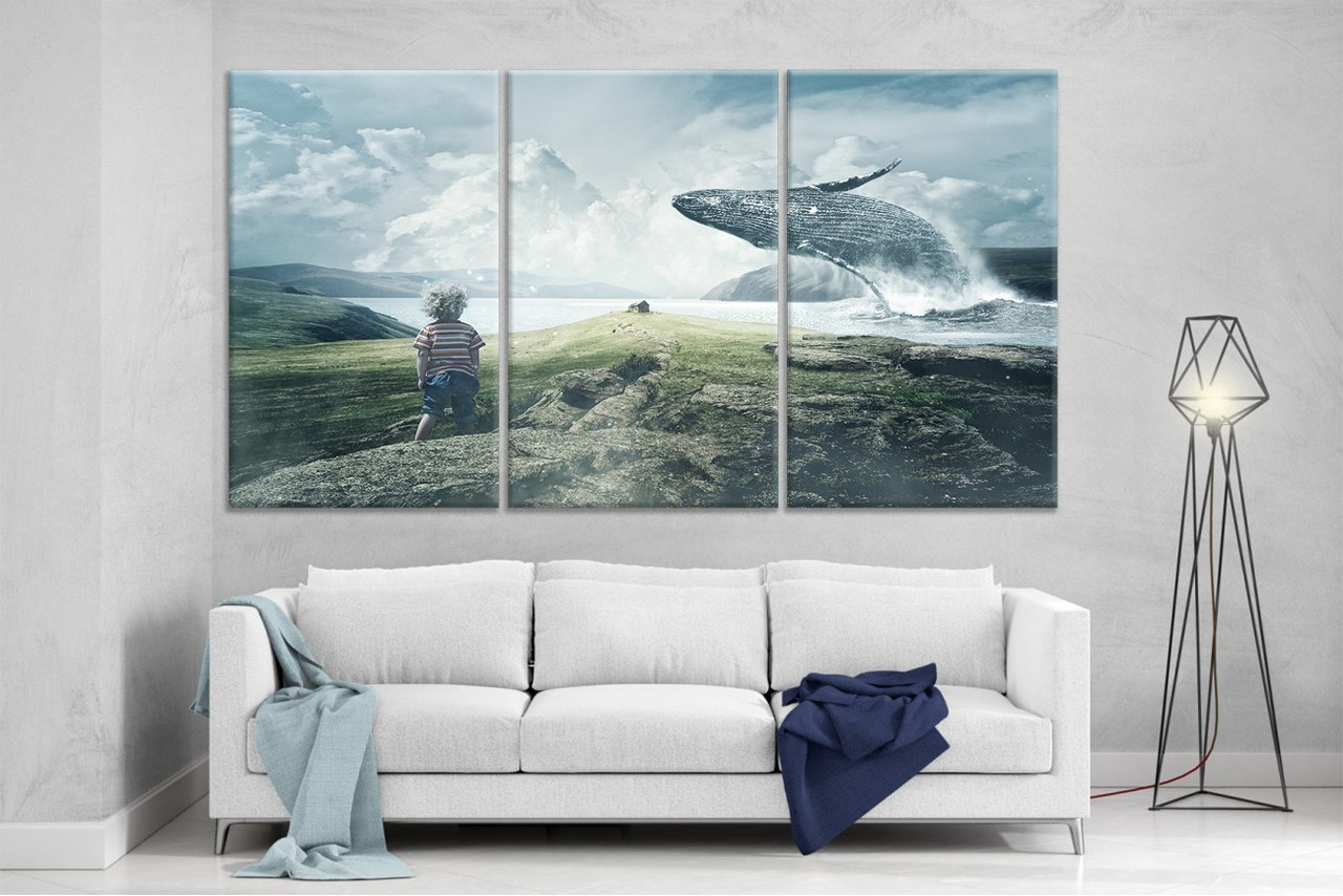 Модульна картина на полотні ProfART XL100 з трьох частин 167 x 99 см Хлопчик і кит (hub_YOWv51879) z11-2024