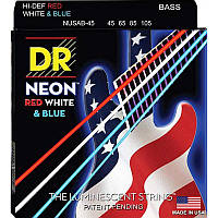 Струны для бас-гитары DR NUSAB-45 Hi-Def Neon Red White Blue K3 Coated Medium Bass Guitar 4 Strings 45/105