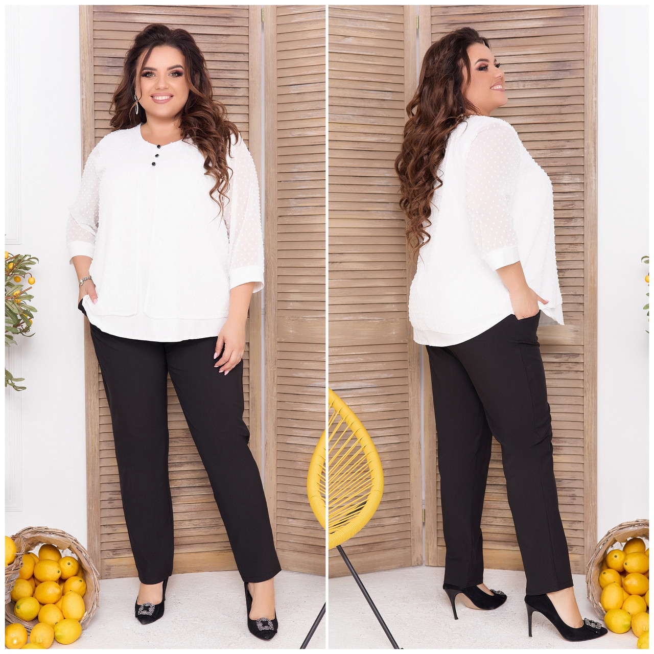 Жіночий гарний літній костюм: шифонова блуза з пелериною та чорні штани, батал великі розміри, фото 1
