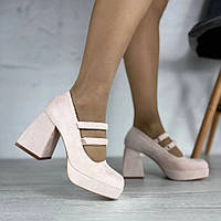 Туфлі жіночі на каблуку бежеві пудрові замшеві з квадратним носком та ремінчиком
