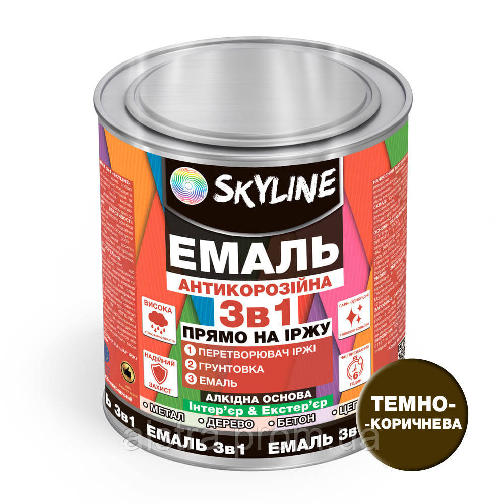 Эмаль алкидная 3 в 1 по ржавчине антикоррозионная Skyline Темно-коричневый 900 г UT, код: 7444021 - фото 2 - id-p2175176015