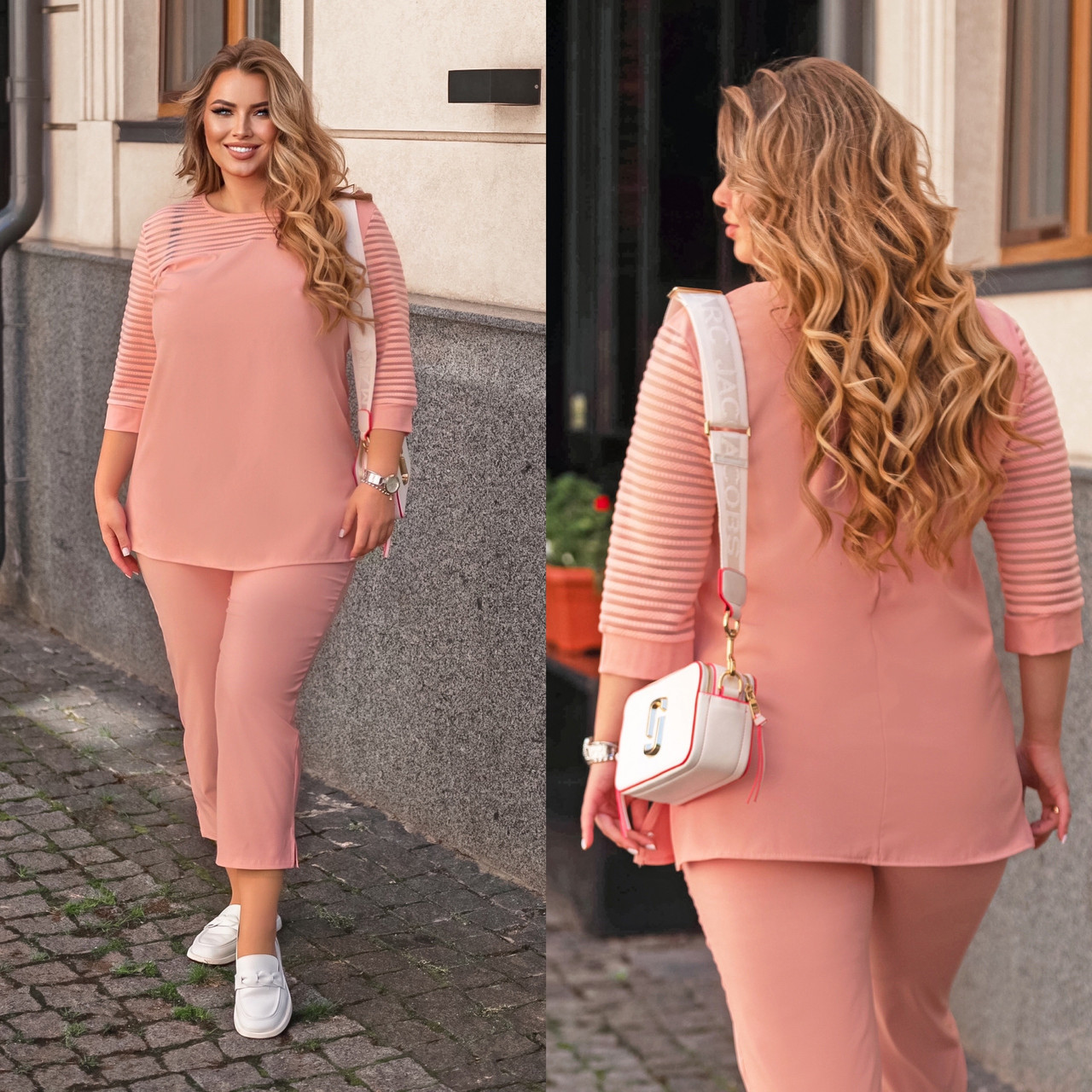 Жіночий гарний літній костюм: блуза із сітчастими рукавами та укорочені штани, батал великі розміри, фото 1