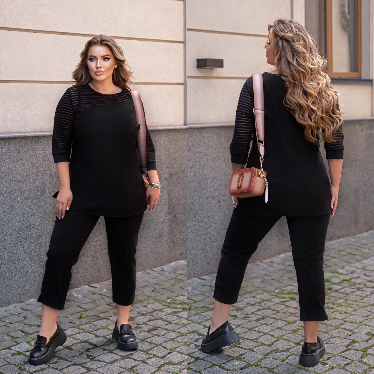 Жіночий гарний літній костюм: блуза із сітчастими рукавами та укорочені штани, батал великі розміри, фото 1