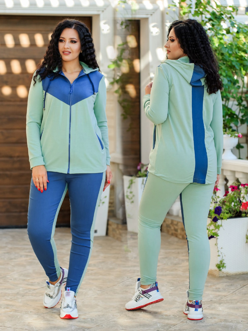 Жіночий прогулянковий костюм у спортивному стилі: кофта та штани з джинсовими вставками, батал великі розміри, фото 1