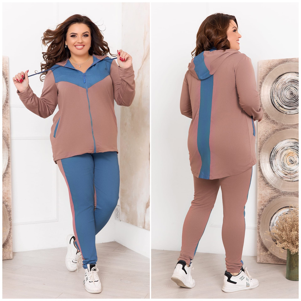 Жіночий прогулянковий костюм у спортивному стилі: кофта та штани з джинсовими вставками, батал великі розміри, фото 1