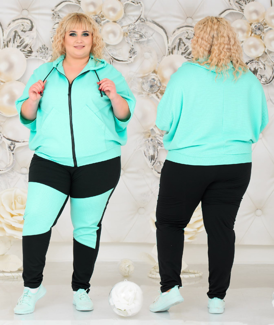 Жіночий прогулянковий костюм у спортивному стилі: широка кофта з капюшоном та штани, батал великі розміри, фото 1