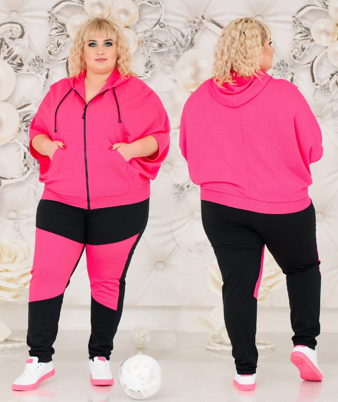 Жіночий прогулянковий костюм у спортивному стилі: широка кофта з капюшоном та штани, батал великі розміри, фото 1