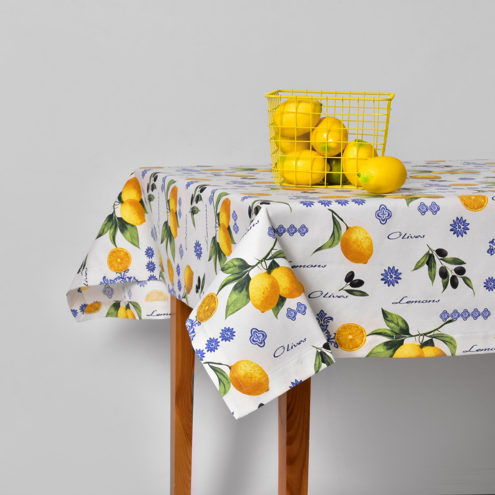 Скатертина 140х170 см з пляма і водовідштовхувальним просоченням IDEIA бавовна лимони та оливки, фото 1