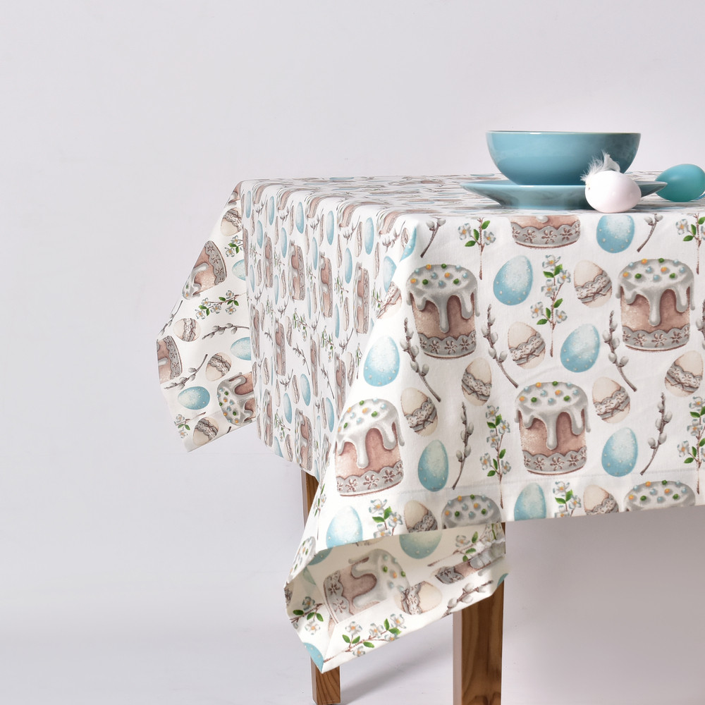 Скатертина IDEIA 170х260 см бавовняна скатертина з водовідштовхувальним покриттям, великодній принт святкова, фото 1