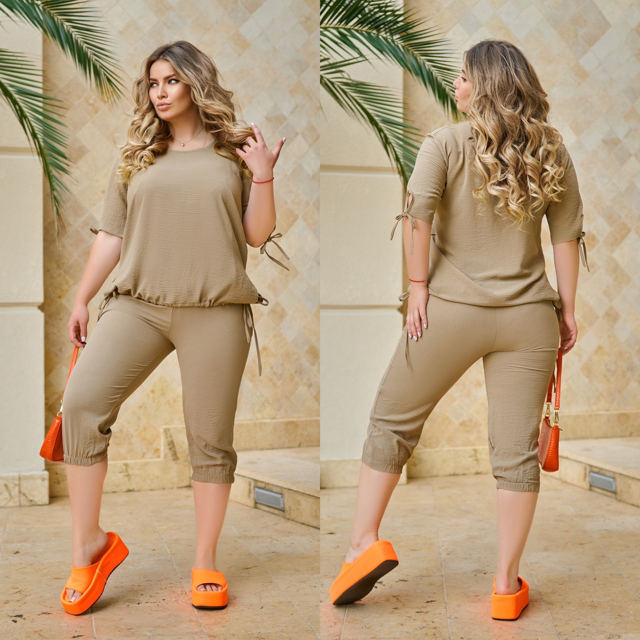 Жіночий літній прогулянковий костюм із жатки: блузка з шнурками-стяжками та бриджі, батал великі розміри, фото 1