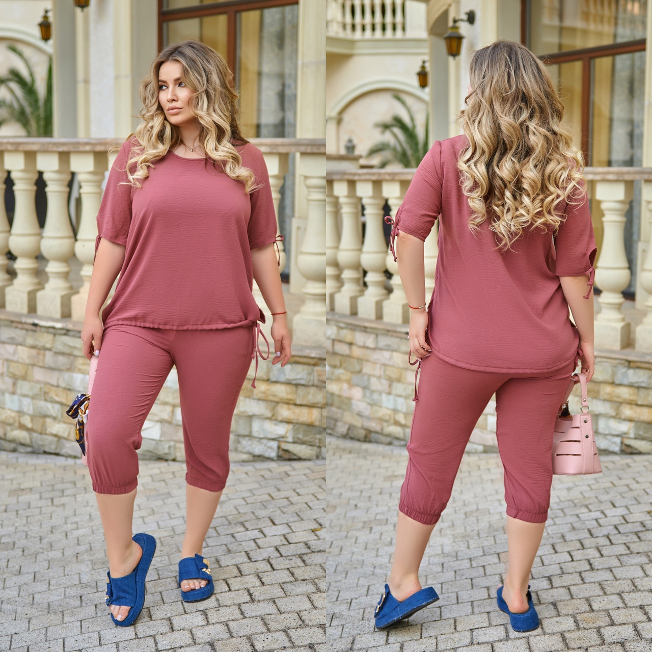 Жіночий літній прогулянковий костюм із жатки: блузка з шнурками-стяжками та бриджі, батал великі розміри, фото 1