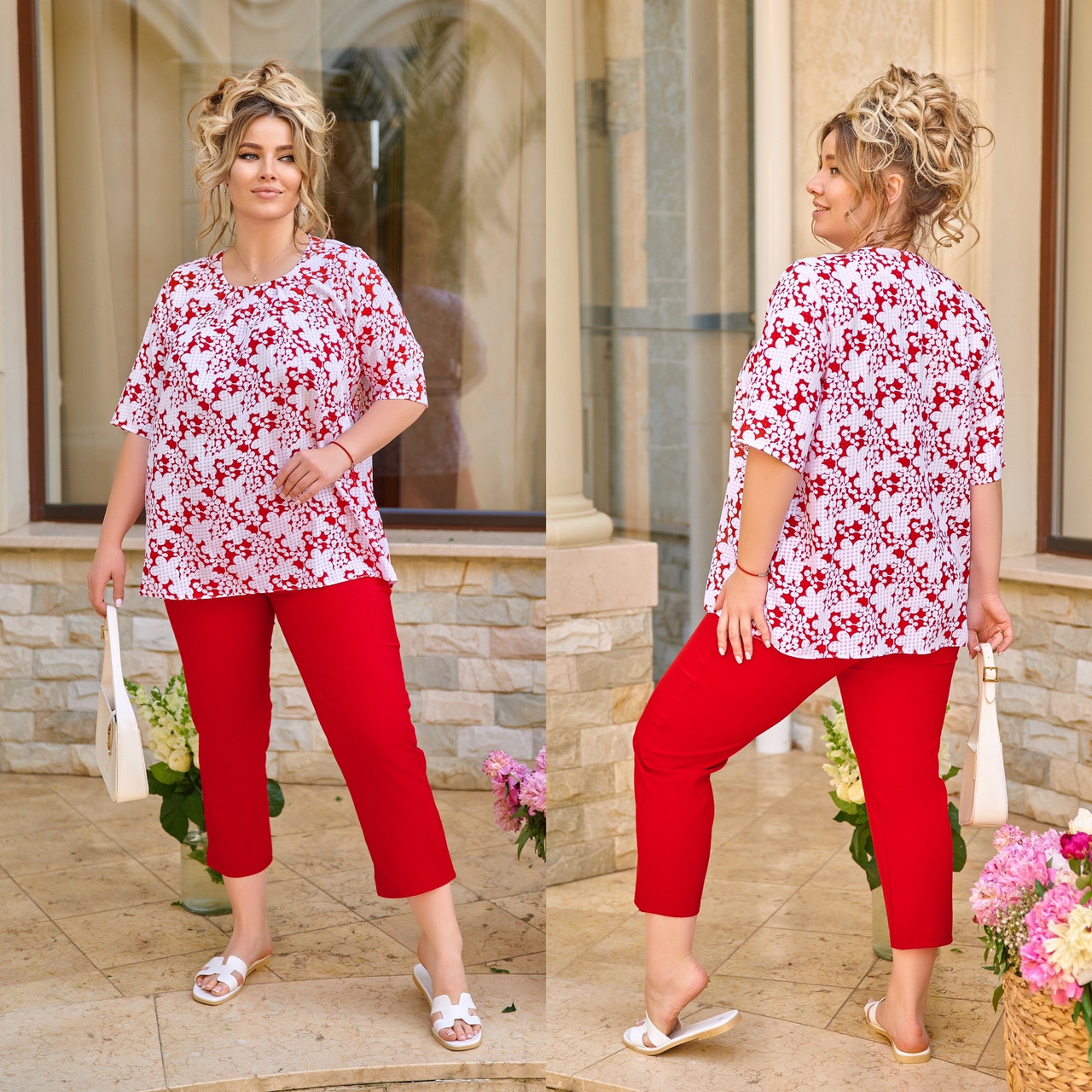 Жіночий літній прогулянковий костюм: блузка з візерунком та вкорочені штани, батал великі розміри, фото 1