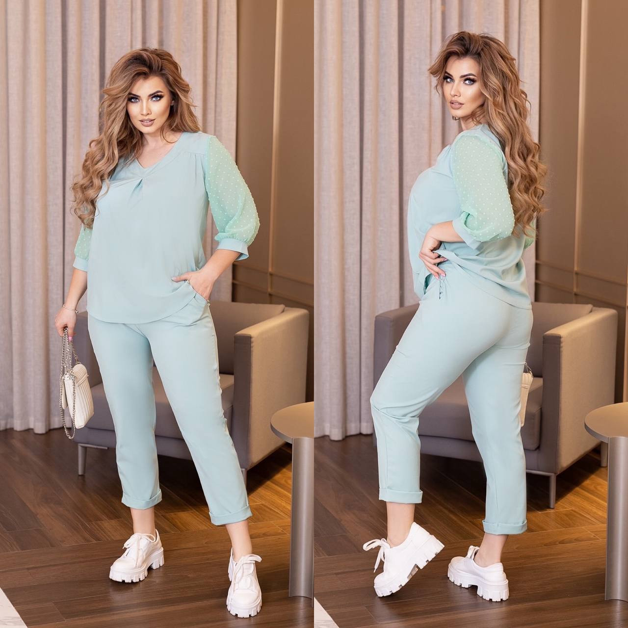 Жіночий літній костюм: блузка з шифоновими рукавами та вкорочені штани, батал великі розміри, фото 1