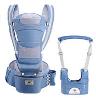 Хипсит Эрго-рюкзак кенгуру переноска Baby Carrier 6 в 1 Джинсовый и Вожжи-ходунки с подкладками Синий мишка