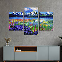 Модульная картина на холсте KIL Art триптих Цветущее поле и горное озеро 66x40 см (553-32) z111-2024