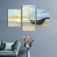 Картина на холсте KIL Art для интерьера в гостиную Старая лодка на морском песчаном берегу 66x40 см (413-32)
