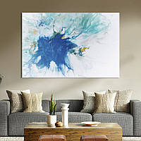 Картина абстракция для офиса KIL Art Морской синий цвет разливается на белом фоне 51x34 см (1109-1) z111-2024