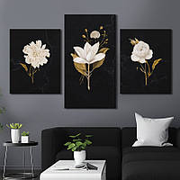 Модульная картина из 3 частей на холсте KIL Art Цветы Белые цветы с розовым листьем на черном фоне 96x60 см