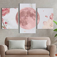 Модульная картина из 3 частей на холсте KIL Art Космос Розовая Луна и цветы 96x60 см (MK322031) z111-2024