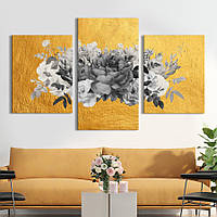 Модульная картина из 3 частей на холсте KIL Art Цветы Чернобелые цветы на золотом фоне 66x40 см (MK322038)