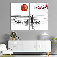 Картина диптих на холсте KIL Art для интерьера в гостиную Японская графика старик в лодке с утками 111x81 см