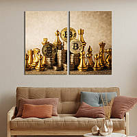 Картина диптих на холсте KIL Art для интерьера в гостиную Золотые шахматы и биткоин 111x81 см (523-2)