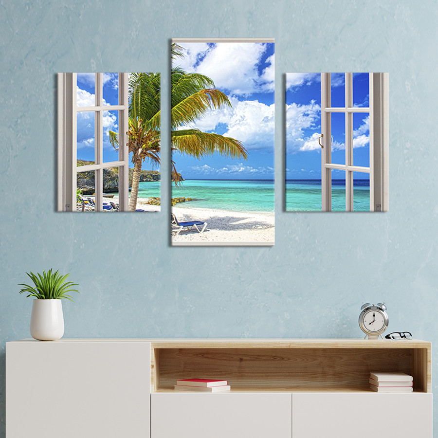 Картина на полотні KIL Art для інтер'єру у вітальню Відкрите вікно з краєвидом на море 66x40 см (443-32) z111-2024