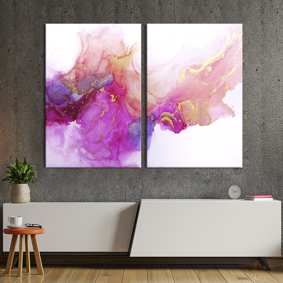 Модульна картина з двох частин KIL Art Розмиті рожеві, фіолетові, червоні та сині кольори із золотом 111x81