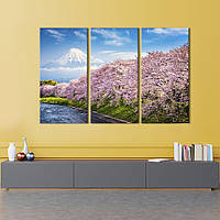 Модульная картина на холсте KIL Art триптих Японская сакура и вулкан 78x48 см (616-31) z111-2024