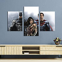 Картина на полотні KIL Art для інтер'єру у вітальню Тріо DC: Диво-жінка, Бетмен, Супермен 96x60 см (765-32)