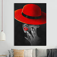 Картина KIL Art для интерьера в гостиную спальню Девушка - Девушка в красной шляпе с красным губами 80x60 см