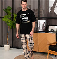 Мужская пижама штаны в клетку бежевые футболка черная Cosy T281