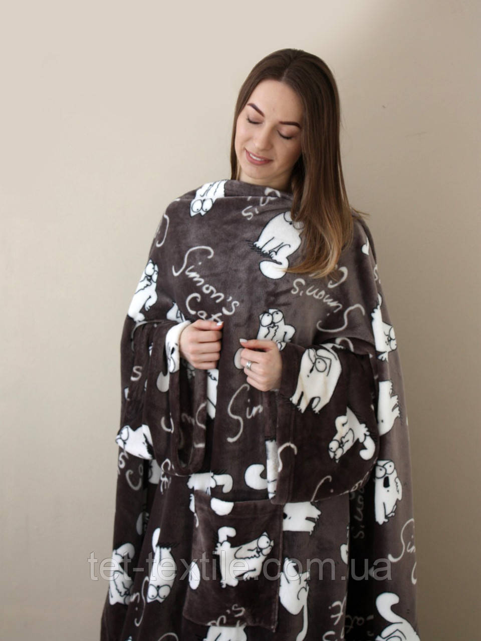Плед з рукавами та кишенею ТЕТ Кіт Саймона кавовий 160х210см.